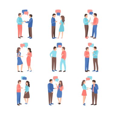 Beyaz arka planda izole edilmiş bir grup konuşan insan. Düz çizgi film tarzında renkli vektör illüstrasyonu