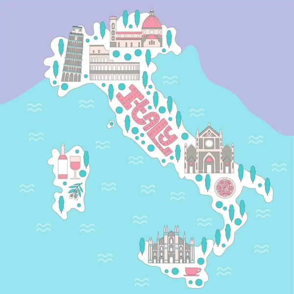 Itálie Kreslený Cestování Vektorová Mapa Symboly Jiné Dekorativní Plakát Plochý — Stockový vektor