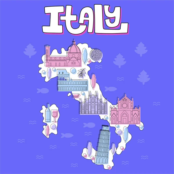 Italia Cartoon Travel Vector Mappa Simboli Altro Poster Decorativo Stile — Vettoriale Stock