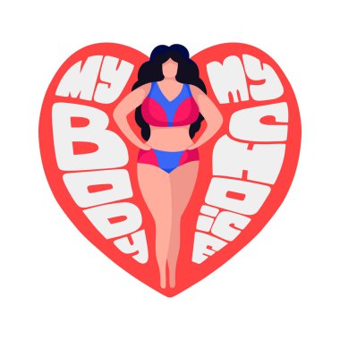 Olumlu vücut. Mayo çekici kilolu kadın. Vektör çizim. Benim gövde benim seçim metni.