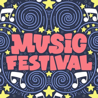 Müzik Festivali - yazı ve resimler müzik aletleri üzerinde handdrawn vektör çizim. Poster veya t-shirt tasarım