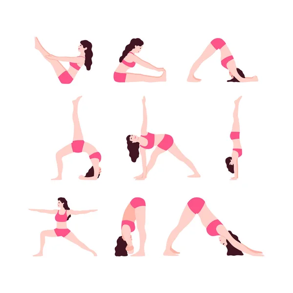 Jonge Vrouwen Yoga Houdingen Vector Instellen Afbeelding — Stockvector