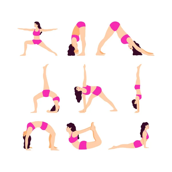 Giovani Donne Pose Yoga Illustrazione Set Vettoriale — Vettoriale Stock