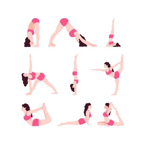 Jonge Vrouwen Yoga Houdingen Vector Instellen Afbeelding — Stockvector