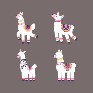 Arka planda izole edilmiş lamalardan oluşan bir koleksiyon. Renkli düz vektör illüstrasyon.