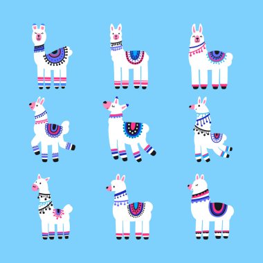 Arka planda izole edilmiş lamalardan oluşan bir koleksiyon. Renkli düz vektör illüstrasyon.