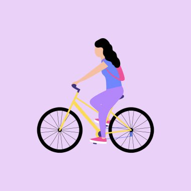 Bisikletli bir kadının vektör çizimi. Bisiklet sürüyorum. Düz biçim