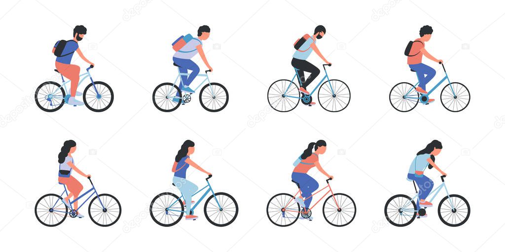 Set of woman and man on bicycles. Group of people riding bikes. Vector collection. Flat style