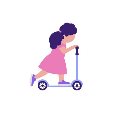 Scooter süren küçük bir kız. Renkli düz vektör illüstrasyonu.