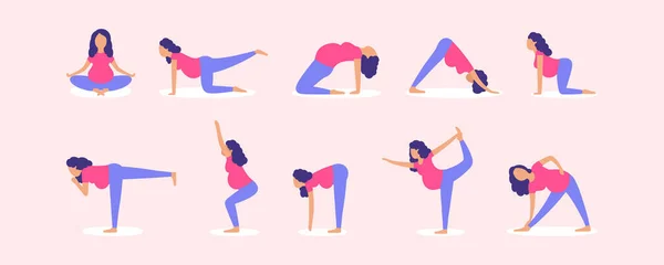 Verzameling Van Jonge Zwangere Vrouwen Die Yoga Doen Vector Illustratie — Stockvector