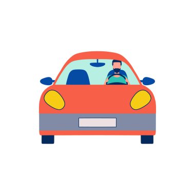 Araba süren bir adamın tasviri. Düz bir şekilde vektör illüstrasyonu.