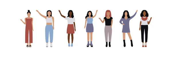 Group Women Wave Hand Greeting Gesture Vector Illustration Flat Style — Stock Vector