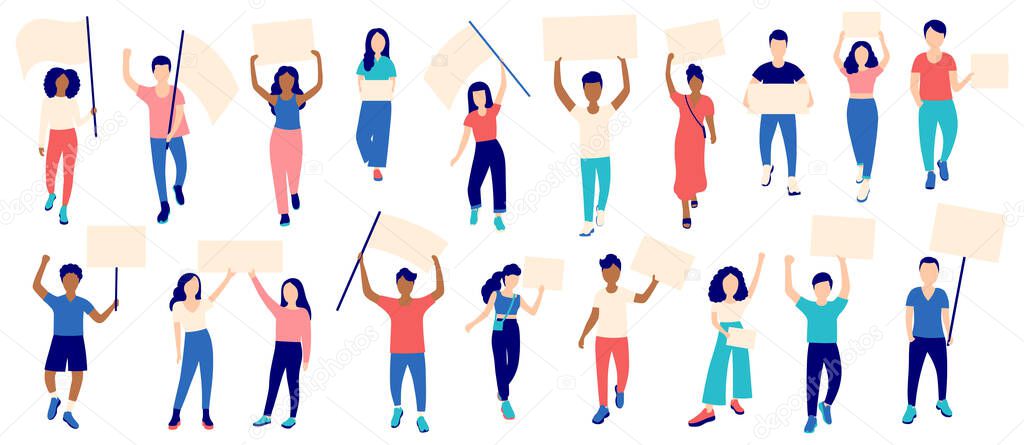 Activists hold blank banners. Demonstration, revolution, protests illustration. Vector illustration in a flat style