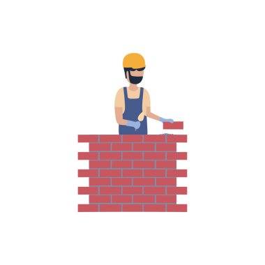 İşçi tuğla koyar. Düz bir şekilde vektör illüstrasyonu