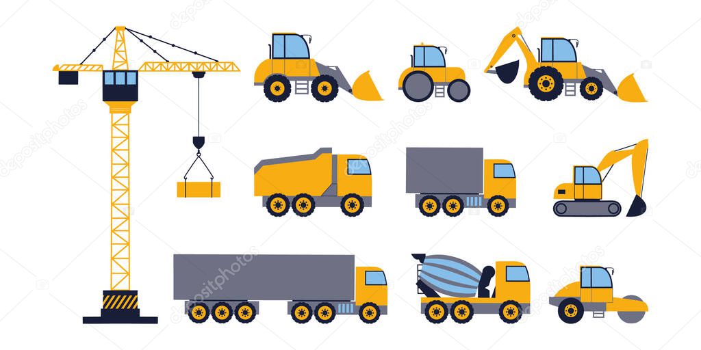 Illustration building workers and construction machinery. Construction site. Vector set in a flat style