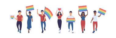 Bir grup LGBT eylemcisi geçit töreninde. Düz biçimli vektör illüstrasyonu