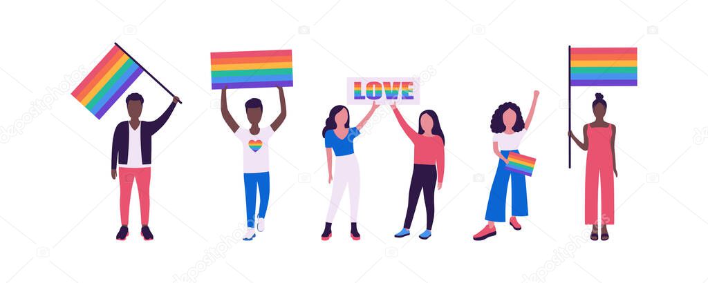 Group of LGBT activists in parade. Vector illustration in flat style