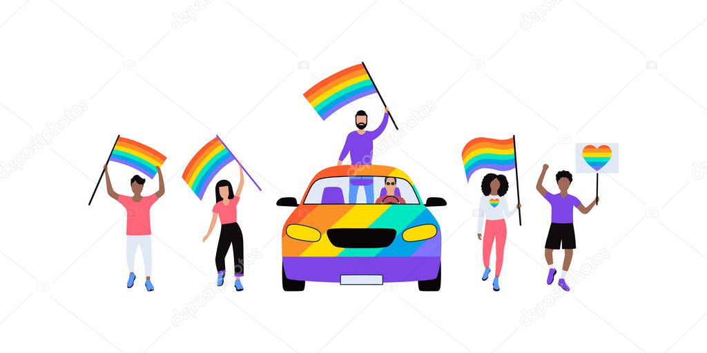 Group of LGBT activists in parade. Vector illustration in flat style