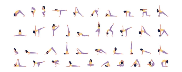 Jonge Vrouwen Yoga Poseren Vector Set Vlakke Stijl — Stockvector