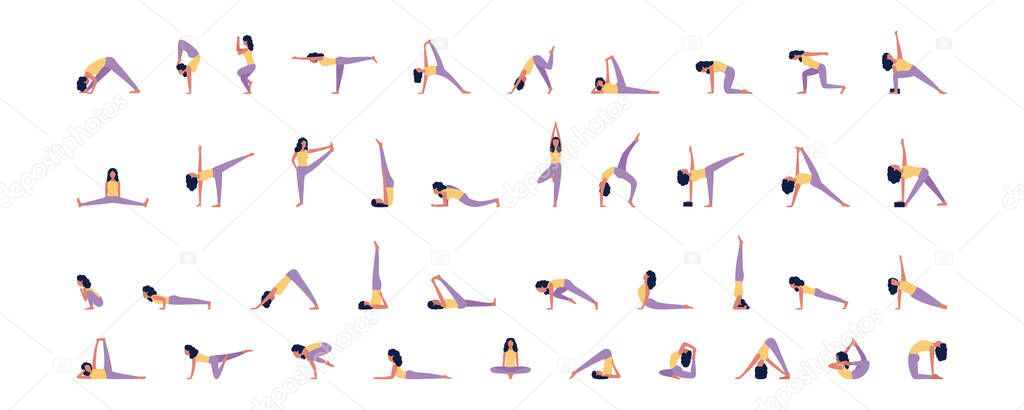 Young women in yoga poses. Vector set in flat style