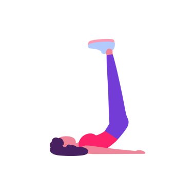 Genç bir kadının hafif bir arka planda izole edilmiş tatbikatlar yaptığı tasviri. Renkli düz vektör illüstrasyonu