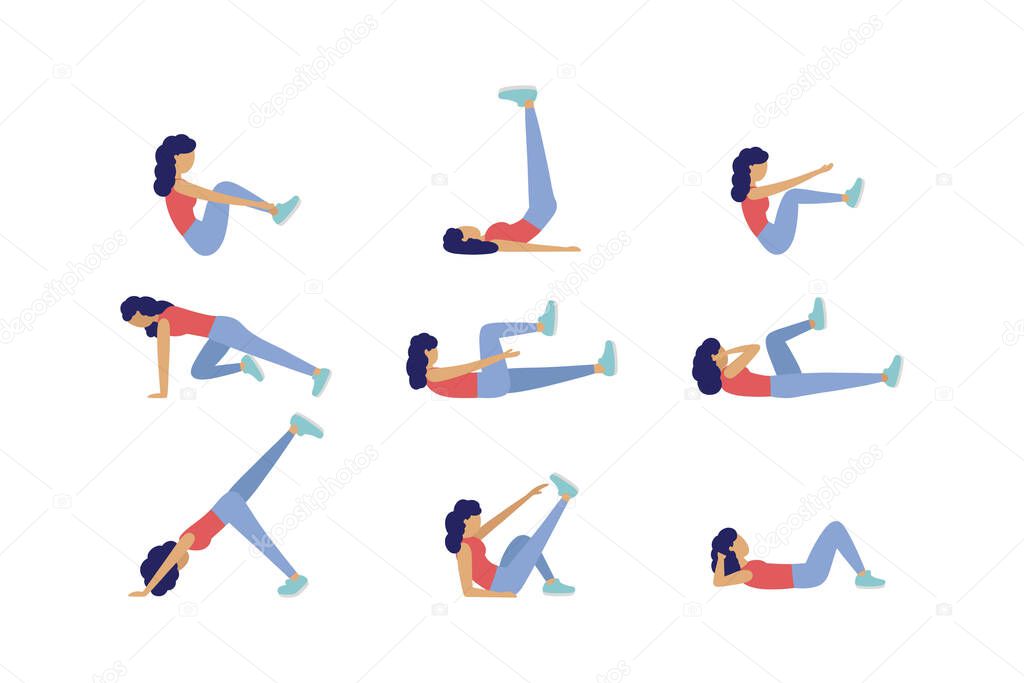 Collection of young women performing exercises isolated on a light background. Colorful flat vector set.