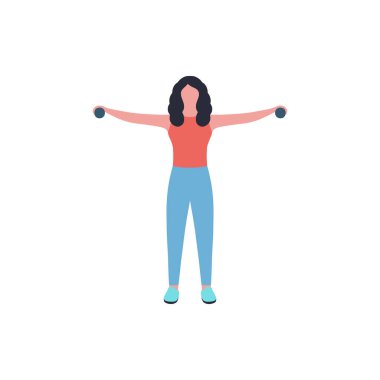 Genç bir kadının hafif bir arka planda izole edilmiş tatbikatlar yaptığı tasviri. Renkli düz vektör illüstrasyonu.