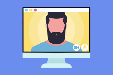 Konferans görüntülü konuşma, bir arkadaşla görüntülü konuşma, internetten çalışma, iş görüşmesi. Renkli düz vektör illüstrasyonu.