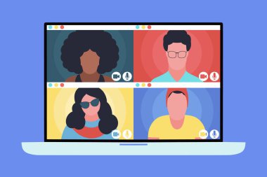 Konferans görüntülü konuşma, bir arkadaşla görüntülü konuşma, internetten çalışma, iş görüşmesi. Renkli düz vektör illüstrasyonu.