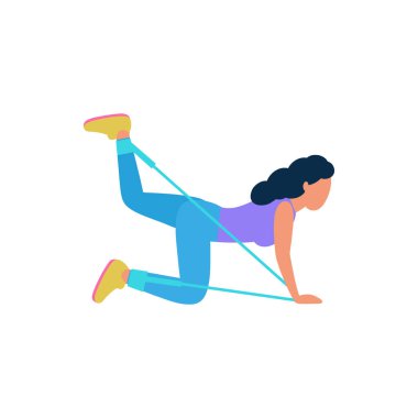 Genç bir kadının hafif bir arka planda izole edilmiş tatbikatlar yaptığı tasviri. Renkli düz vektör illüstrasyonu.