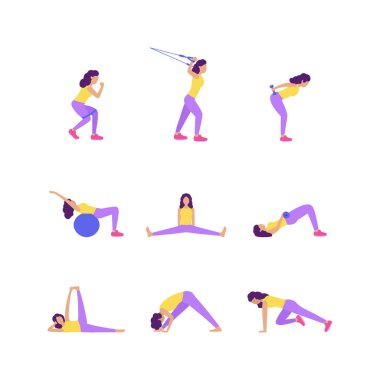 Hafif bir arka planda izole edilmiş egzersizler yapan genç kadınların toplanması. Renkli düz vektör kümesi.
