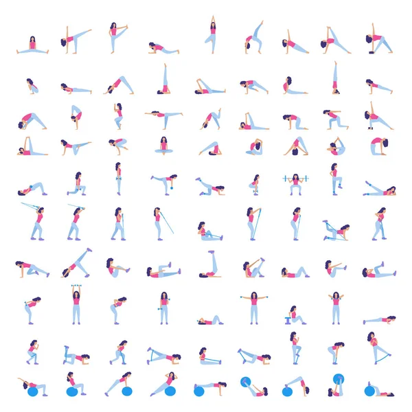Collection Jeunes Femmes Effectuant Des Exercices Isolés Sur Fond Clair — Image vectorielle