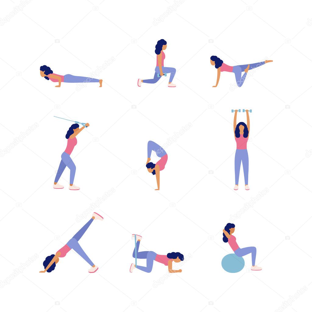 Collection of young women performing exercises isolated on a light background. Colorful flat vector set.