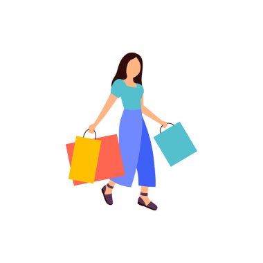 Genç kız alışveriş yapıyor. Alışveriş sonrası paketlerle gezen bir kadın tasviri. Renkli düz vektör çizimi.
