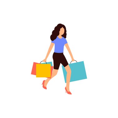Genç kız alışveriş yapıyor. Alışveriş sonrası paketlerle gezen bir kadın tasviri. Renkli düz vektör çizimi.