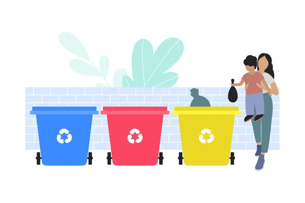 Ilustración Mamá Niño Clasificando Basura Botes Basura Reciclar Basura Separación — Archivo Imágenes Vectoriales