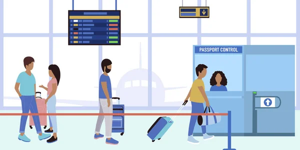 Illustrazione Persone Coda Controllo Passaporti Aeroporto Illustrazione Vettoriale Stile Piatto — Vettoriale Stock