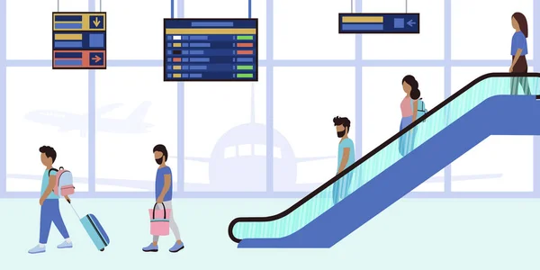 Illustration Von Personen Auf Der Rolltreppe Flughafen Vektor Illustration Flachen — Stockvektor