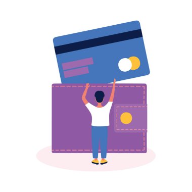 Büyük bir kredi kartı ve cüzdanı olan küçük bir adamın resmi.