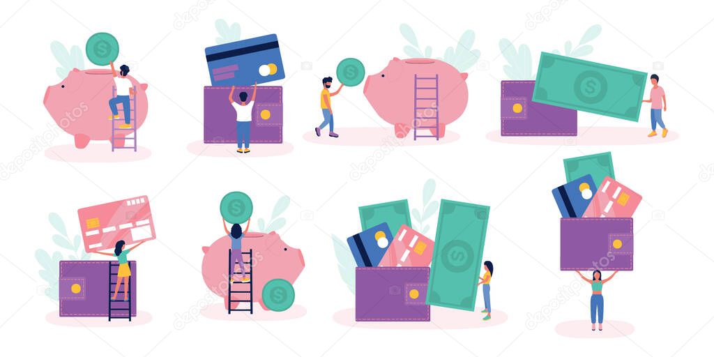 Set of little people big money piggies, credit cards, wallets. Vector illustration in a flat style