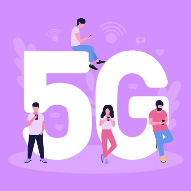 Akıllı telefonları olan kadın ve erkek tasviri. Sosyal ağlarda iletişim, online toplantı, video görüşmesi. İnsanlar yüksek hızlı internet 5G kullanıyor. Düz bir şekilde vektör illüstrasyonu