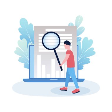 İş analizi teması. İş istatistiklerinin arka planında büyüteç olan küçük adam. Düz bir şekilde vektör illüstrasyonu.