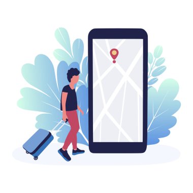 Navigatörün arka planında bagajlı bir adamın resmi var. Renkli düz vektör illüstrasyonu.