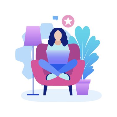 Dizüstü bilgisayarlı bir kadın tasviri. Sosyal ağlarda iletişim, e-posta, online toplantı, video görüşmesi. Düz bir şekilde vektör illüstrasyonu