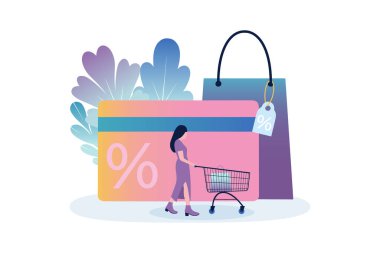 Büyük bir kredi kartı ve paketin arka planında alışveriş arabası olan bir kadının resmi. Düz bir şekilde vektör illüstrasyonu.