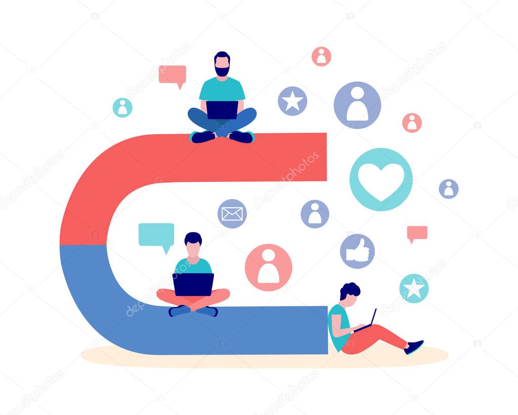 Illustration of people with big magnet. Big magnet attracts followers, likes, messages. Social media marketing concept