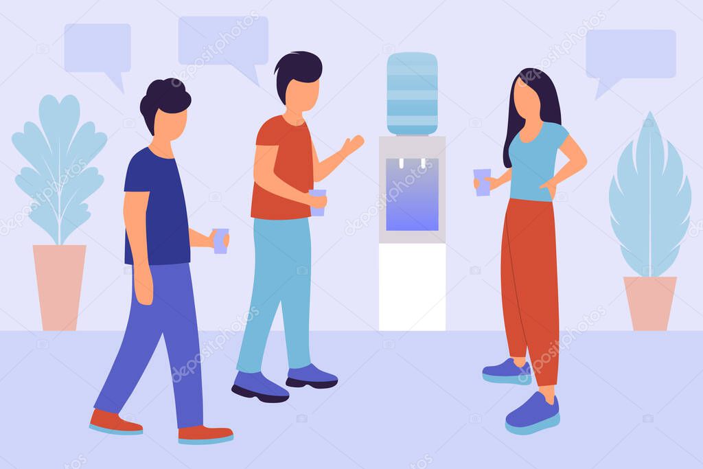 Illustration of talking people near the water cooler. Vector illustration in a flat style.