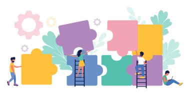 Yapboz elementlerini birbirine bağlayan insanlar. Takım çalışması, iş, ortaklık teması. Düz bir şekilde vektör illüstrasyonu.