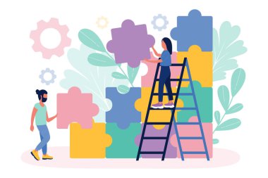 Yapboz elementlerini birbirine bağlayan insanlar. Takım çalışması, iş, ortaklık teması. Düz bir şekilde vektör illüstrasyonu.