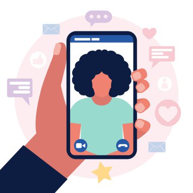 Konferans görüntülü konuşma, bir arkadaşla görüntülü konuşma, internetten çalışma, iş görüşmesi. Renkli düz vektör illüstrasyonu.